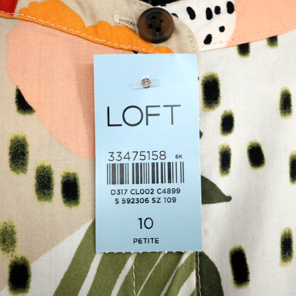 Loft Dress Petites 10P Beige Red Black Floral Cotton Blend Button Up Pockets - Picture 9 of 16